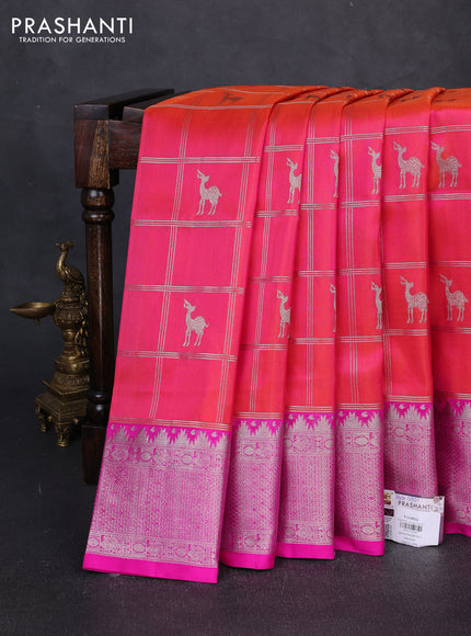 Venkatagiri silk saree dual shade of pinkish orange and pink with allover silver zari checks & buttas and silver zari woven border