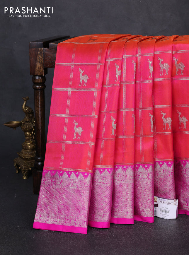 Venkatagiri silk saree dual shade of pinkish orange and pink with allover silver zari checks & buttas and silver zari woven border