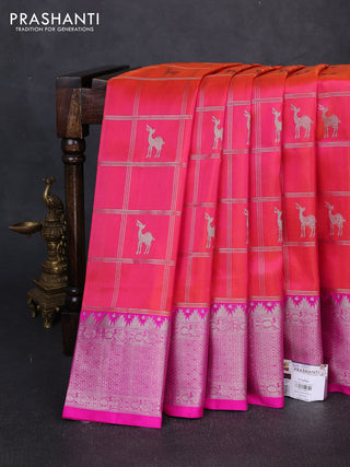 Venkatagiri silk saree dual shade of pinkish orange and pink with allover silver zari checks & buttas and silver zari woven border