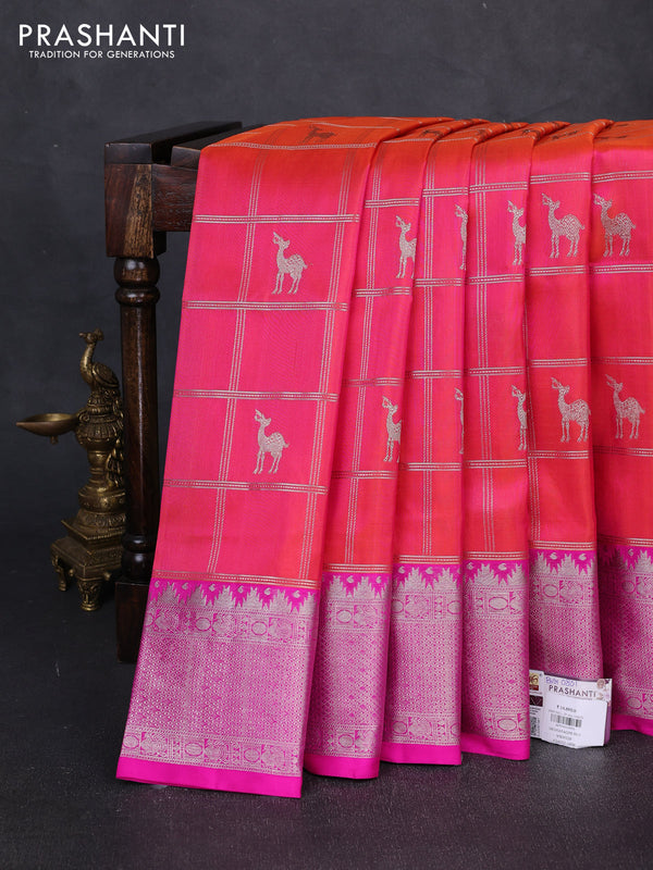 Venkatagiri silk saree dual shade of pinkish orange and pink with allover silver zari checks & buttas and silver zari woven border
