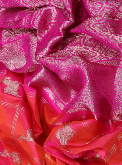 Venkatagiri silk saree dual shade of pinkish orange and pink with allover silver zari checks & buttas and silver zari woven border