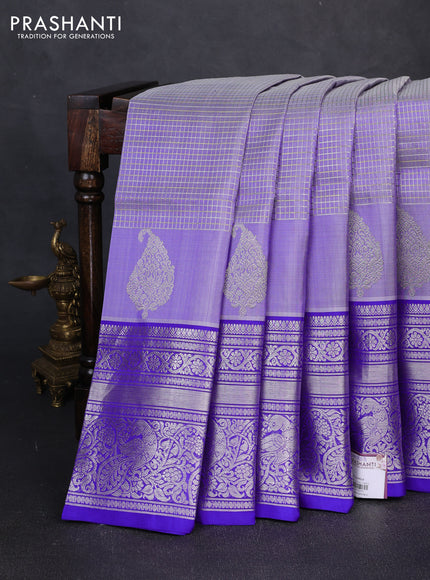 Venkatagiri silk saree lavender and royal blue with allover small silver & zari checked pattern and long zari woven border