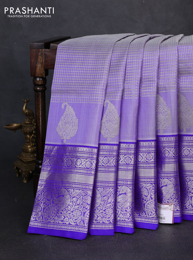 Venkatagiri silk saree lavender and royal blue with allover small silver & zari checked pattern and long zari woven border