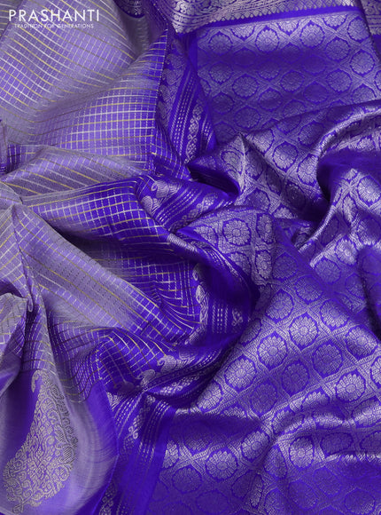 Venkatagiri silk saree lavender and royal blue with allover small silver & zari checked pattern and long zari woven border
