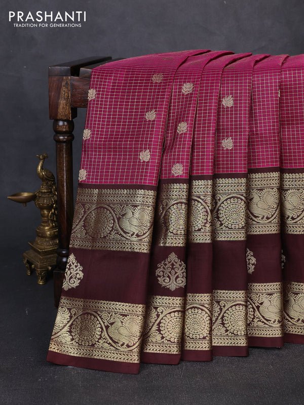Venkatagiri silk saree magenta pink and coffee brown with allover zari woven buttas and long rettapet zari woven border