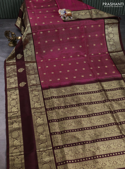 Venkatagiri silk saree magenta pink and coffee brown with allover zari woven buttas and long rettapet zari woven border
