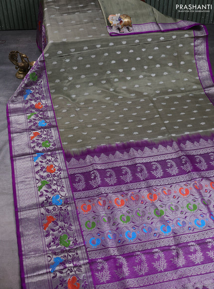 Venkatagiri silk saree pastel green and violet with allover zari woven buttas and long peacock design zari woven border