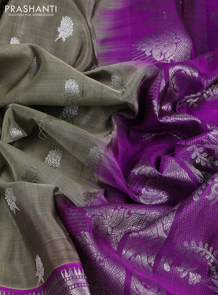 Venkatagiri silk saree pastel green and violet with allover zari woven buttas and long peacock design zari woven border