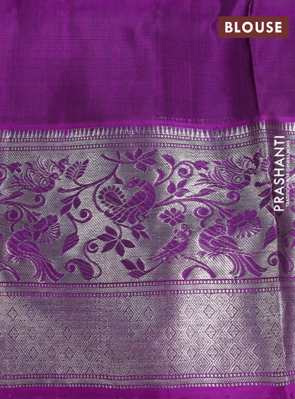 Venkatagiri silk saree pastel green and violet with allover zari woven buttas and long peacock design zari woven border