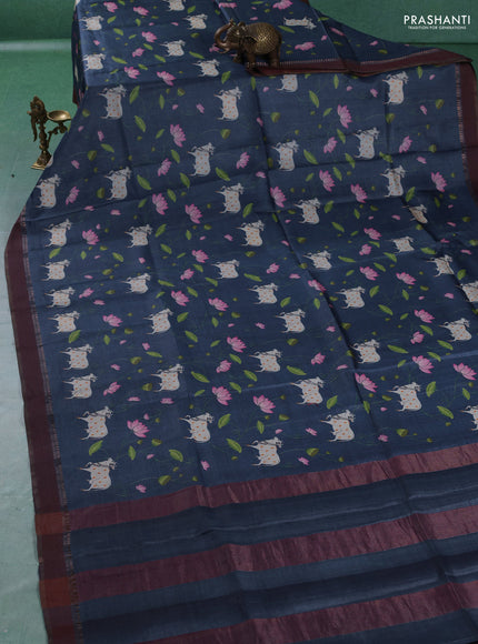 Pure tussar silk saree blue with allover pichwai prints and woven border