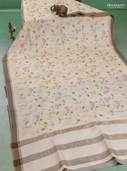 Pure tussar silk saree cream with allover pichwai prints and woven border