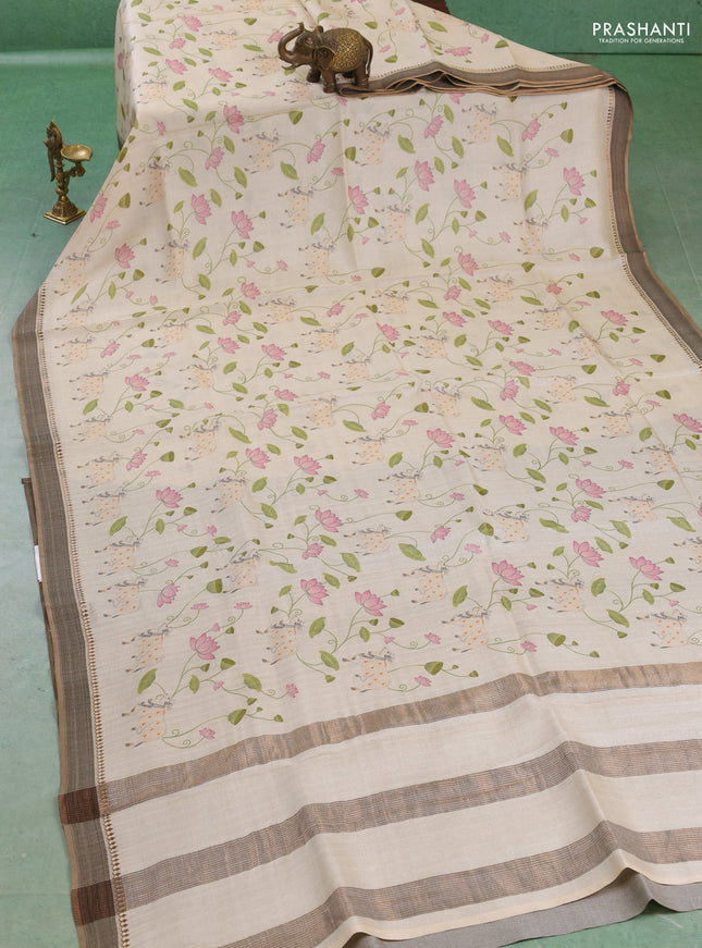 Pure tussar silk saree cream with allover pichwai prints and woven border