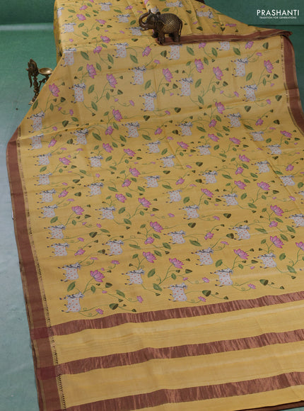 Pure tussar silk saree yellow with allover pichwai prints and woven border