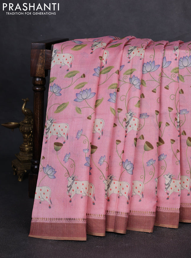 Pure tussar silk saree light pink with allover pichwai prints and woven border