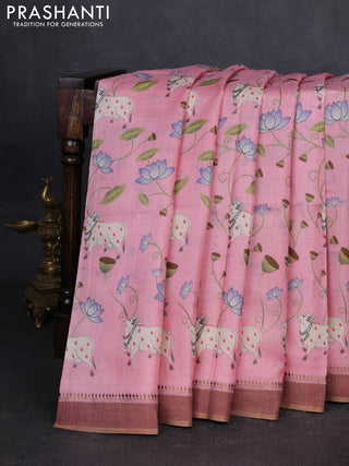 Pure tussar silk saree light pink with allover pichwai prints and woven border