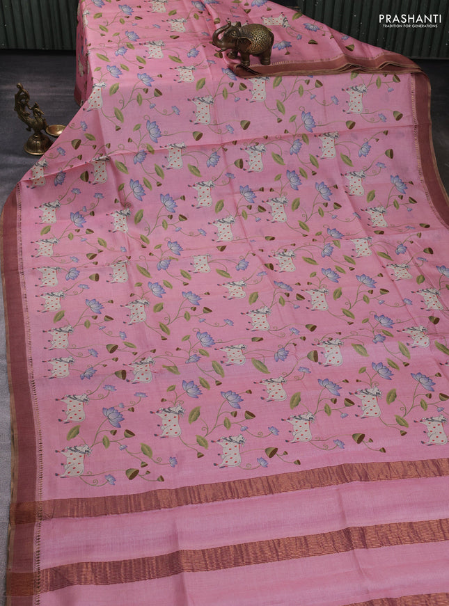 Pure tussar silk saree light pink with allover pichwai prints and woven border