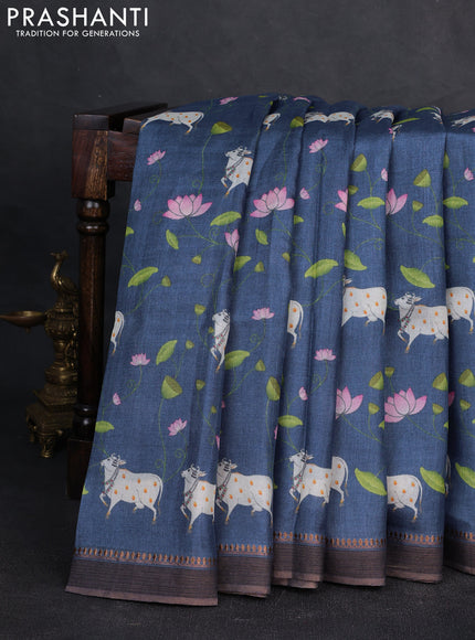 Pure tussar silk saree blue with allover pichwai prints and woven border