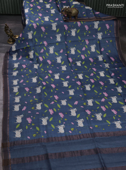 Pure tussar silk saree blue with allover pichwai prints and woven border