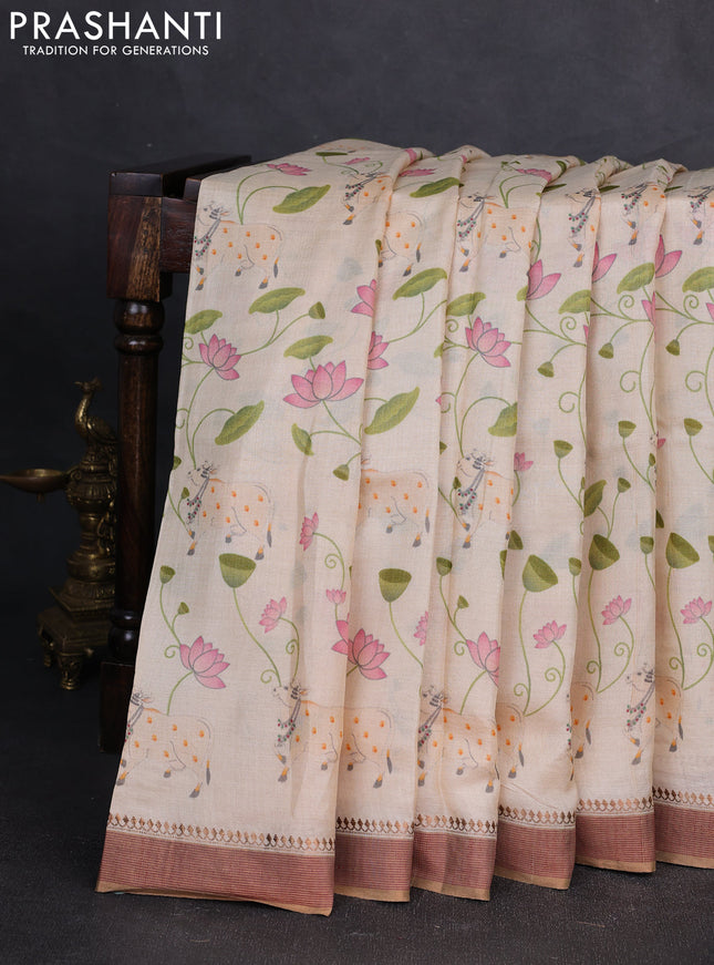 Pure tussar silk saree cream with allover pichwai prints and woven border