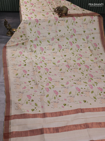 Pure tussar silk saree cream with allover pichwai prints and woven border