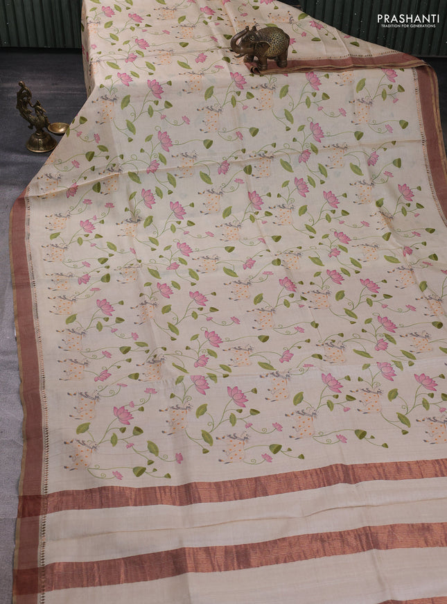 Pure tussar silk saree cream with allover pichwai prints and woven border