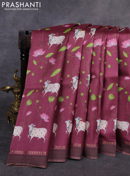 Pure tussar silk saree deep maroon with allover pichwai prints and woven border