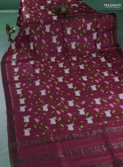 Pure tussar silk saree deep maroon with allover pichwai prints and woven border
