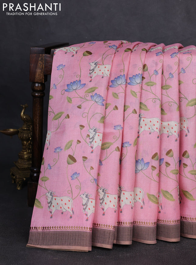 Pure tussar silk saree light pink with allover pichwai prints and woven border