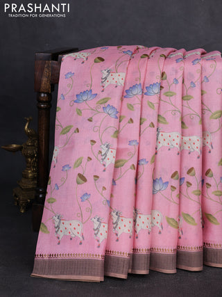 Pure tussar silk saree light pink with allover pichwai prints and woven border