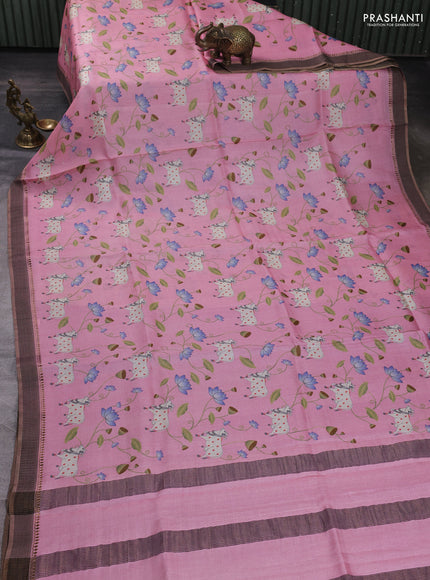 Pure tussar silk saree light pink with allover pichwai prints and woven border