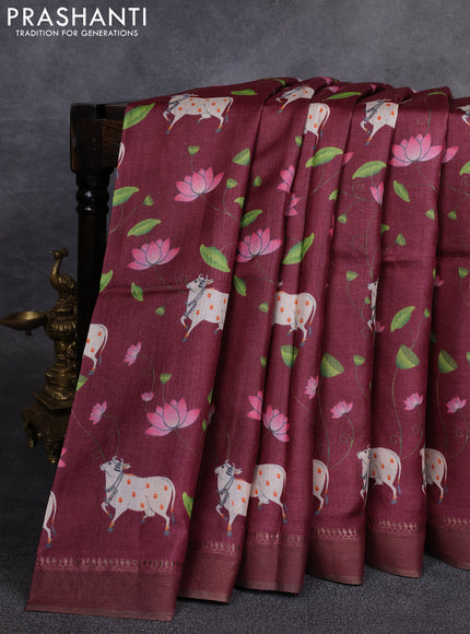 Pure tussar silk saree deep maroon with allover pichwai prints and woven border