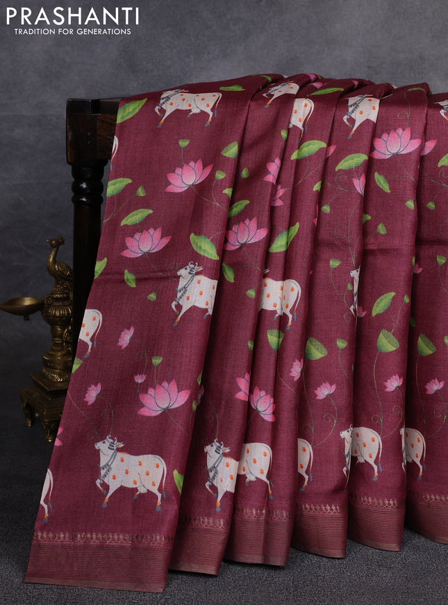 Pure tussar silk saree deep maroon with allover pichwai prints and woven border