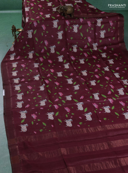 Pure tussar silk saree deep maroon with allover pichwai prints and woven border