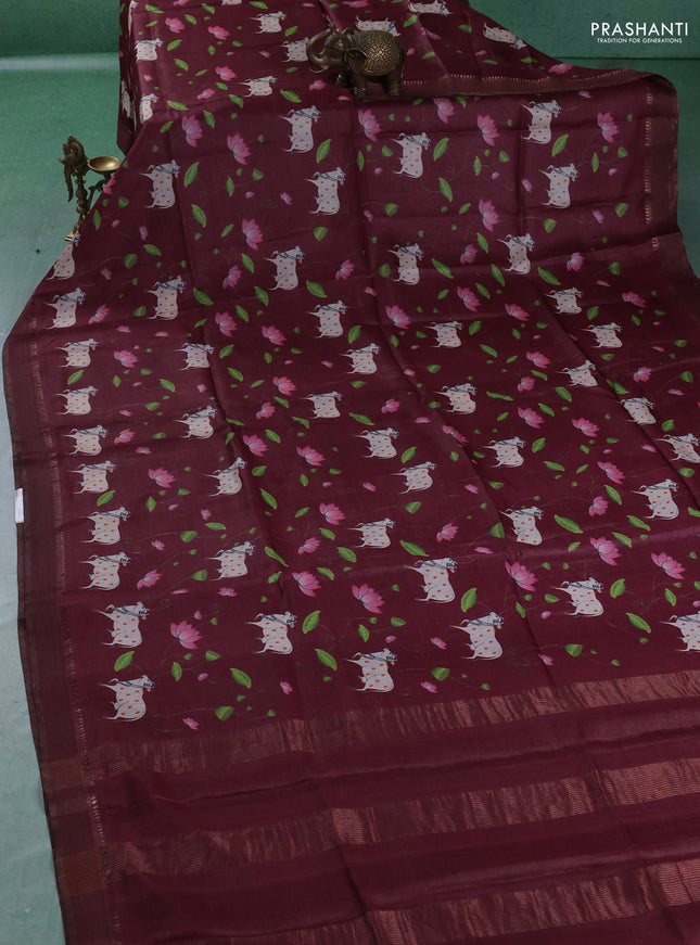 Pure tussar silk saree deep maroon with allover pichwai prints and woven border