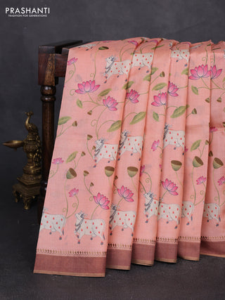 Pure tussar silk saree peach orange with allover pichwai prints and woven border