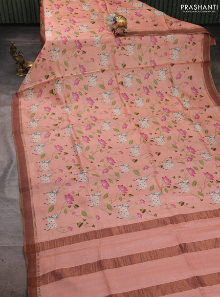 Pure tussar silk saree peach orange with allover pichwai prints and woven border