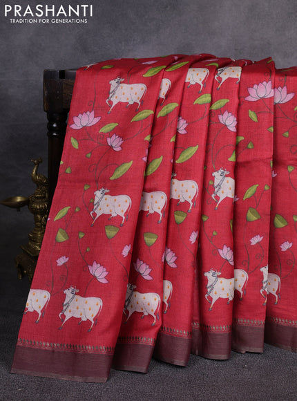 Pure tussar silk saree red with allover pichwai prints and woven border
