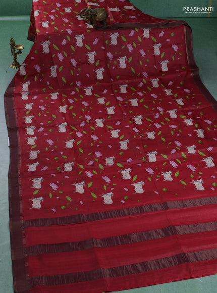 Pure tussar silk saree red with allover pichwai prints and woven border