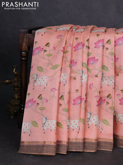 Pure tussar silk saree peach shade with allover pichwai prints and woven border