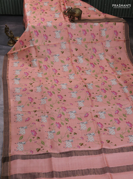 Pure tussar silk saree peach shade with allover pichwai prints and woven border