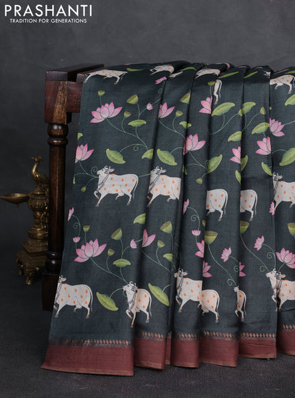 Pure tussar silk saree elephant grey with allover pichwai prints and woven border