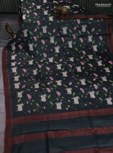 Pure tussar silk saree elephant grey with allover pichwai prints and woven border