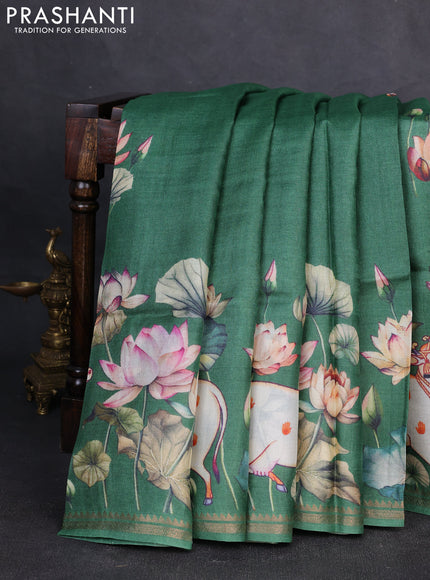 Pure tussar silk saree green with pichwai prints and zari woven border
