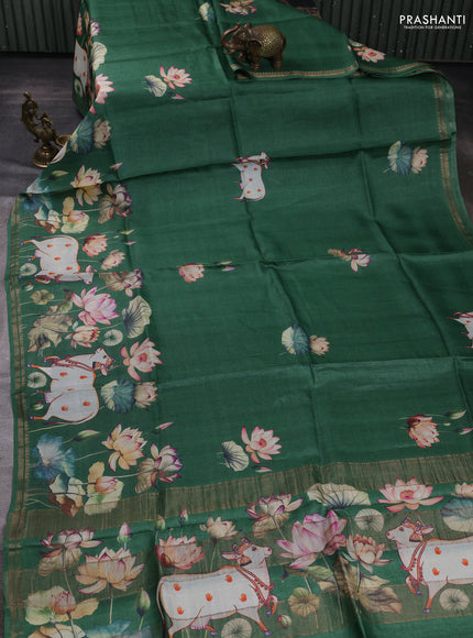 Pure tussar silk saree green with pichwai prints and zari woven border