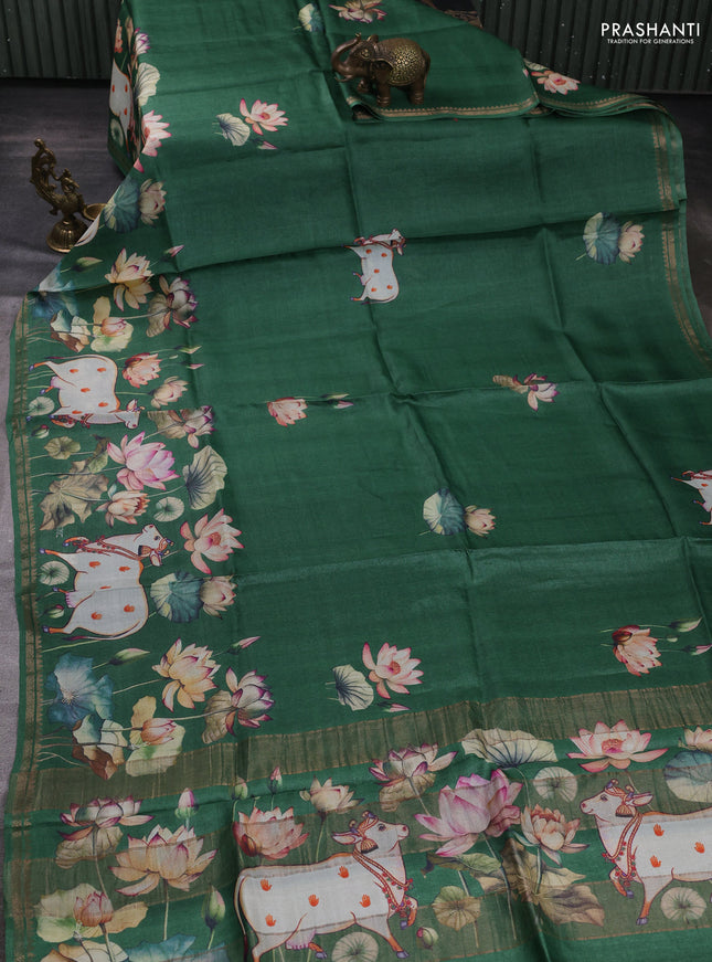 Pure tussar silk saree green with pichwai prints and zari woven border