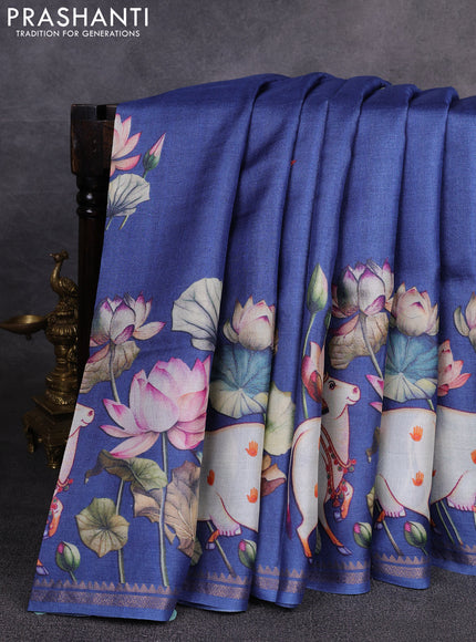 Pure tussar silk saree blue with pichwai prints and zari woven border