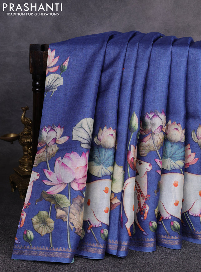 Pure tussar silk saree blue with pichwai prints and zari woven border