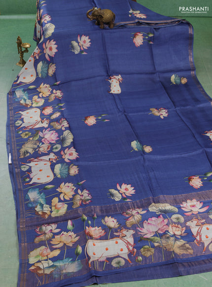 Pure tussar silk saree blue with pichwai prints and zari woven border