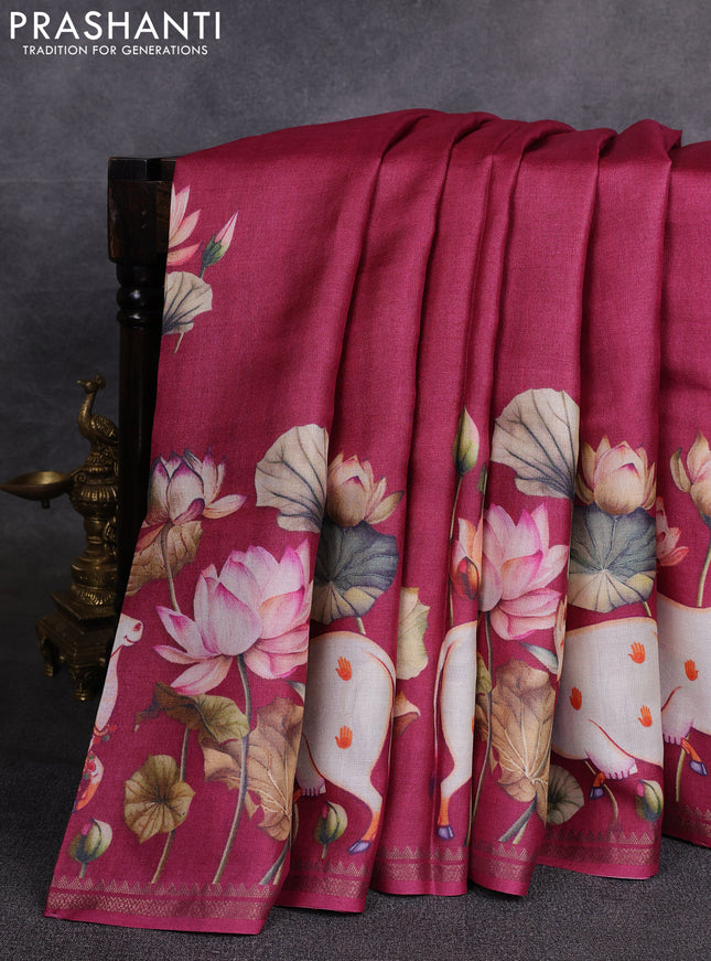 Pure tussar silk saree dark pink with pichwai prints and zari woven border