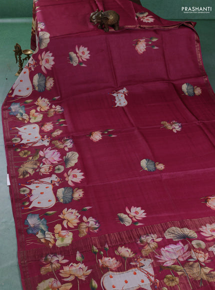 Pure tussar silk saree dark pink with pichwai prints and zari woven border
